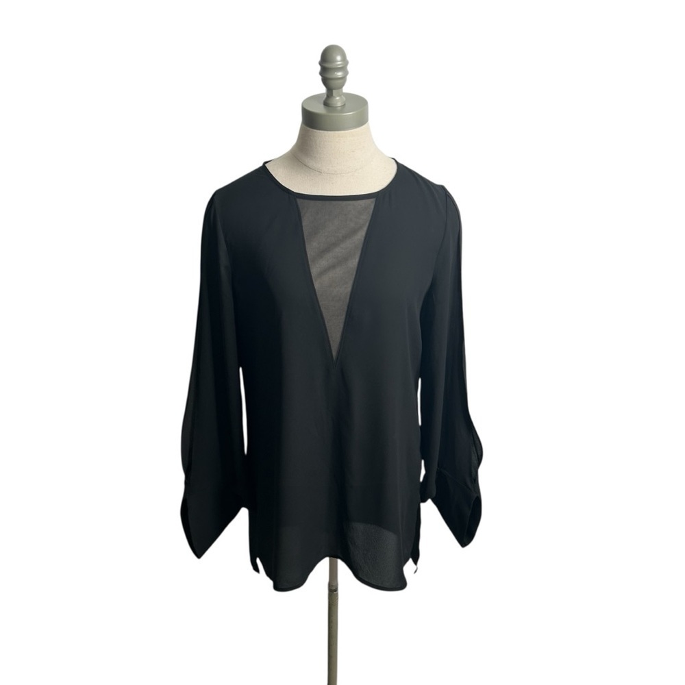 Express Black Mesh Insert Deep V-Neck Split Sleeve Tunic Blouse Women’s Small - Picture 2 of 7